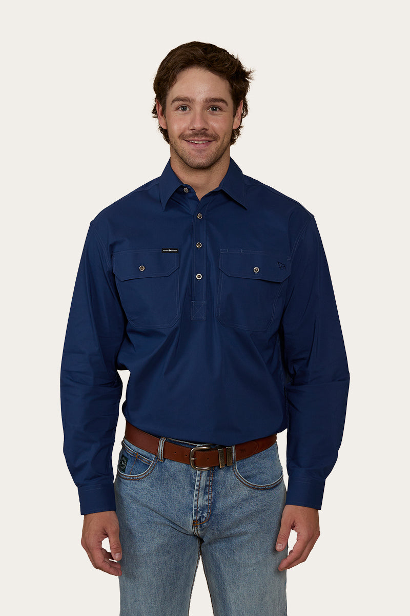 King River Mens Half Button Coolmax Work Shirt - Navy