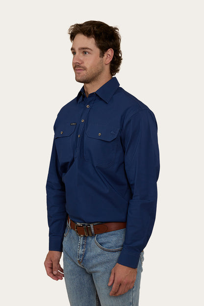 King River Mens Half Button Coolmax Work Shirt - Navy