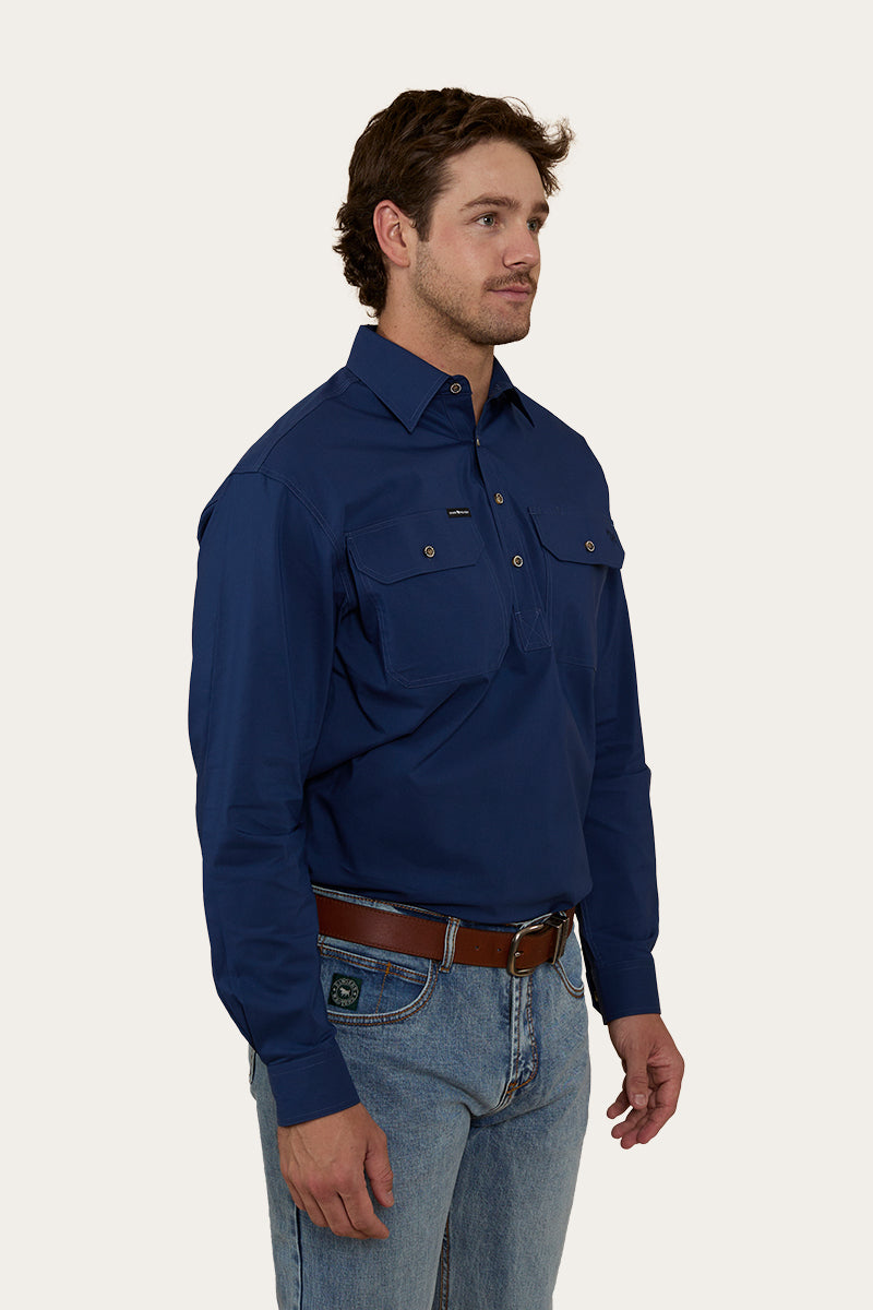 King River Mens Half Button Coolmax Work Shirt - Navy