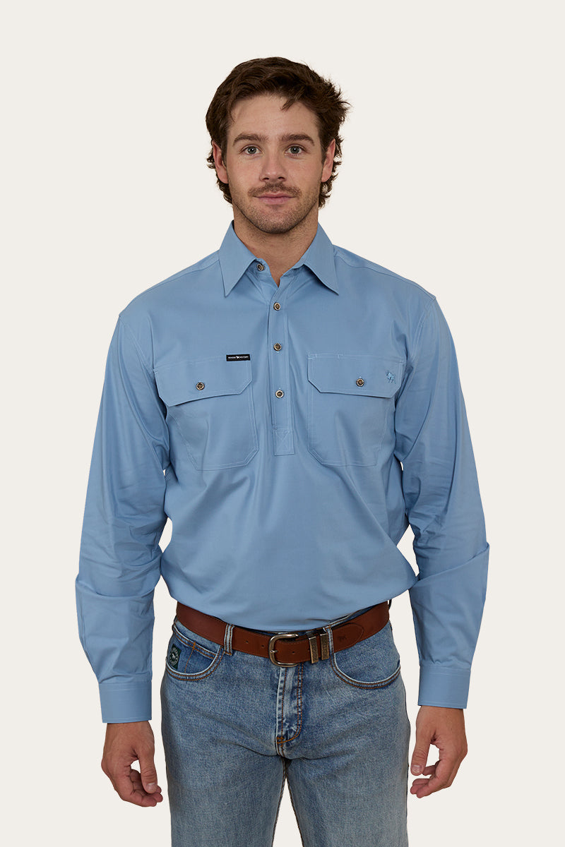 King River Mens Half Button Coolmax Work Shirt - Denim Blue