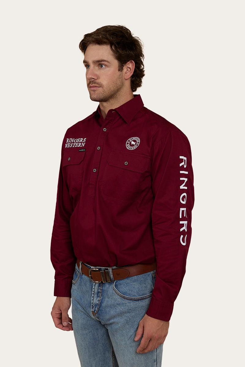 Hawkeye Mens Half Button Work Shirt - Burgundy