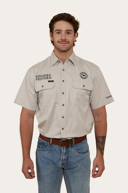 Hawkeye Mens Short Sleeve Full Button Work Shirt - Beige / Navy