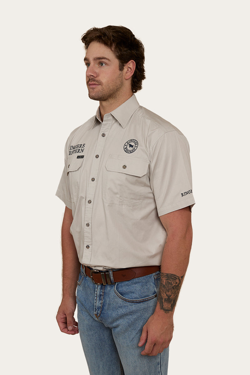 Hawkeye Mens Short Sleeve Full Button Work Shirt - Beige / Navy