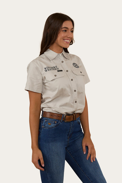 Signature Jillaroo Womens Full Button Short Sleeve Work Shirt - Beige / Navy