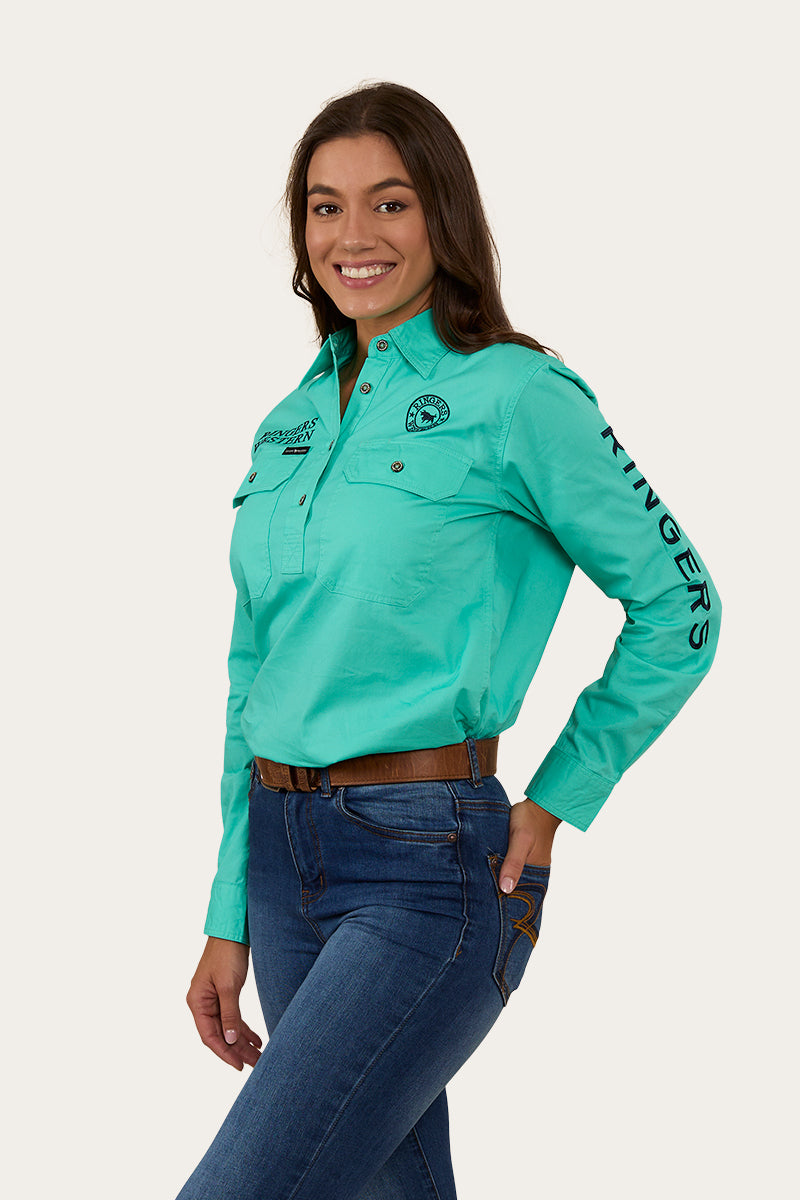 Signature Jillaroo Womens Half Button Work Shirt - Mint/Navy