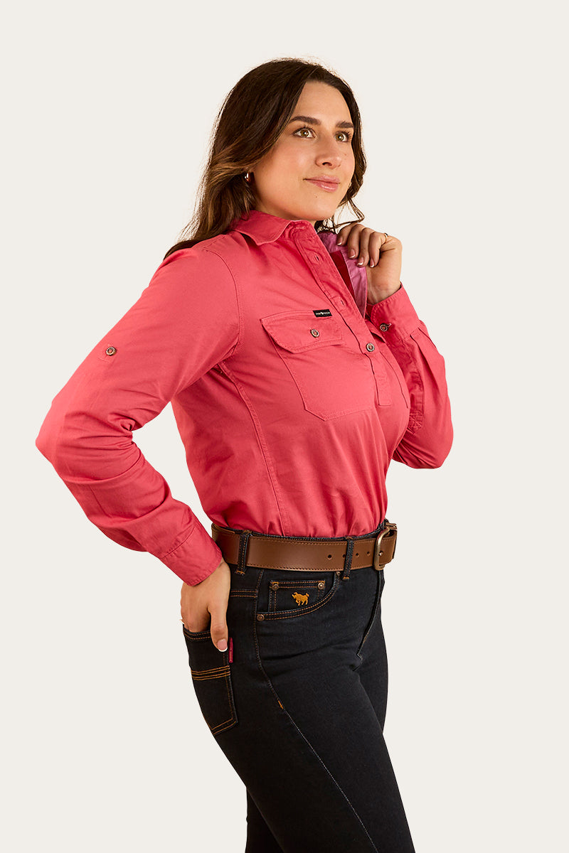 Pentecost River Womens Half Button Work Shirt - Camelia Rose with Ballet Pink Embroidery