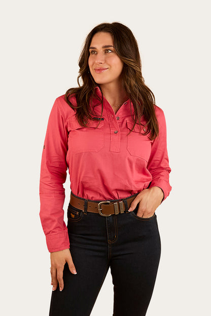 Pentecost River Womens Half Button Work Shirt - Camelia Rose with Ballet Pink Embroidery