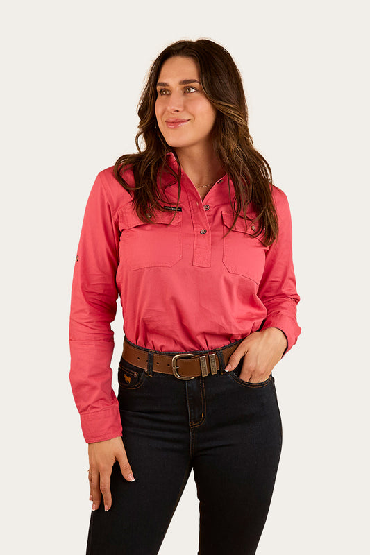 Pentecost River Womens Half Button Work Shirt - Camelia Rose with Ballet Pink Embroidery