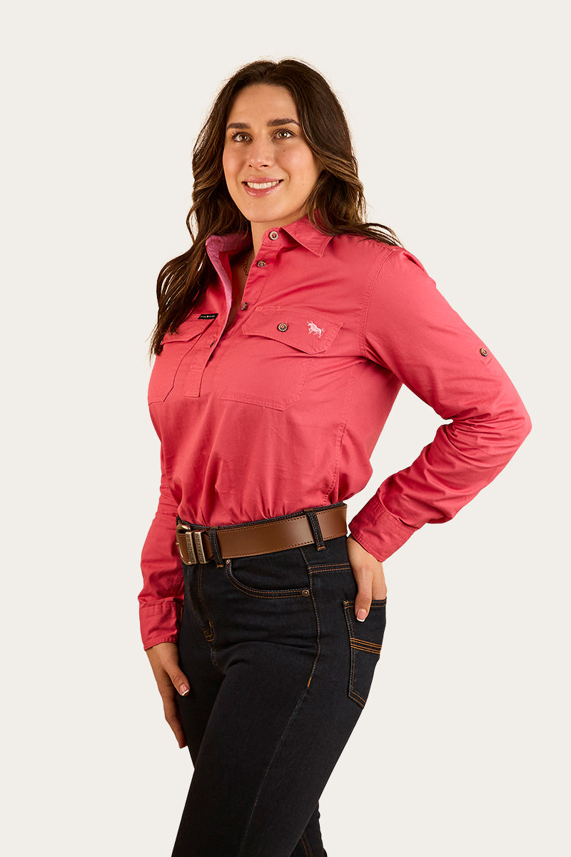 Pentecost River Womens Half Button Work Shirt - Camelia Rose with Ballet Pink Embroidery