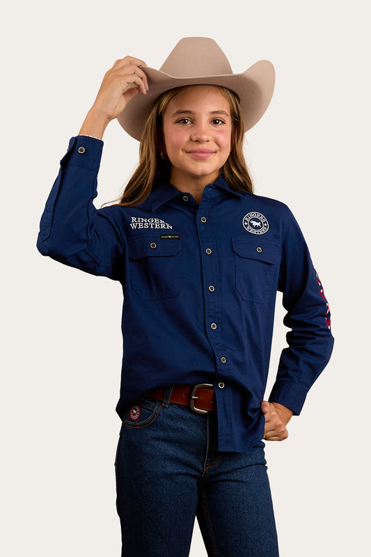 Jackaroo Flag Kids Full Button Work Shirt - Navy