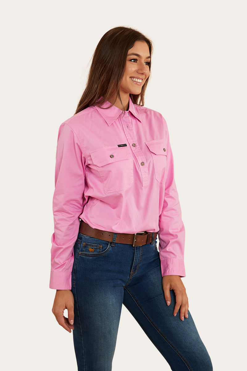 Longdale Womens Half Button Work Shirt - Pastel Pink/Navy