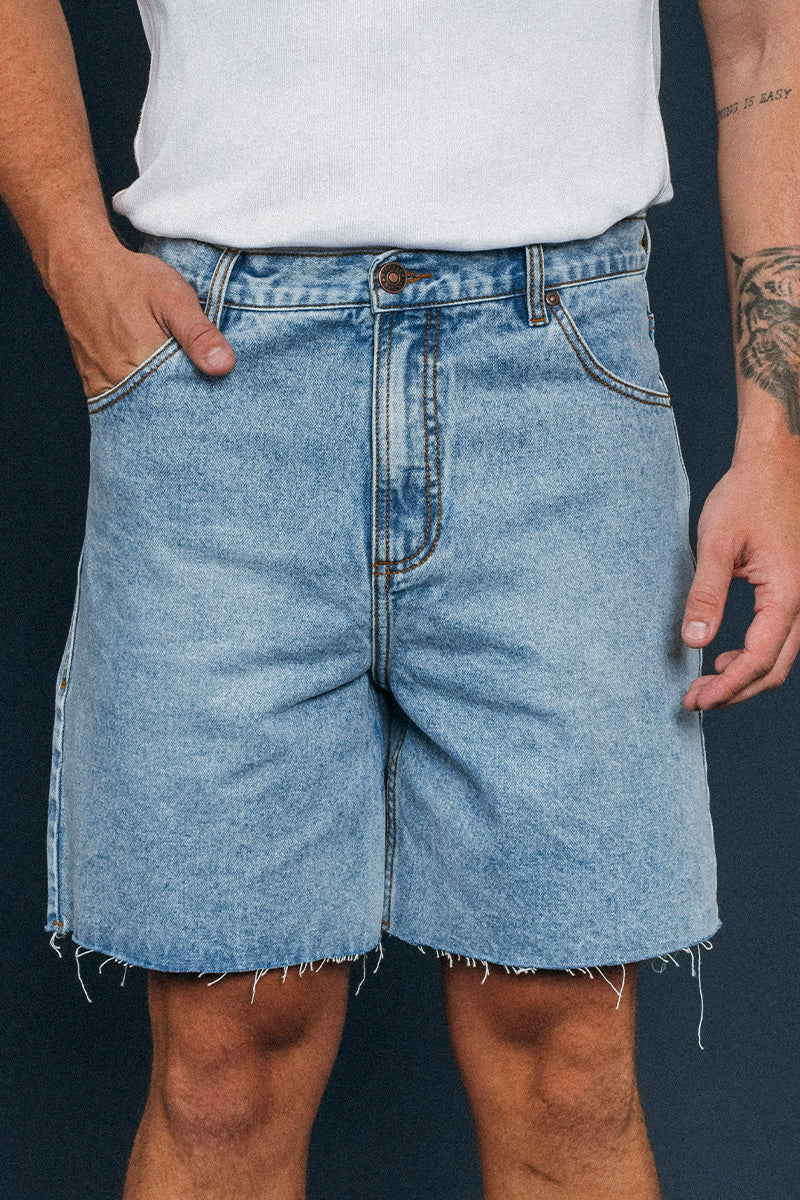 Macca Mens Denim Cutoff Short - Light Wash Blue