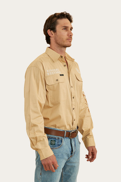 Hawkeye Flag Mens Full Button Work Shirt - Dark Sand