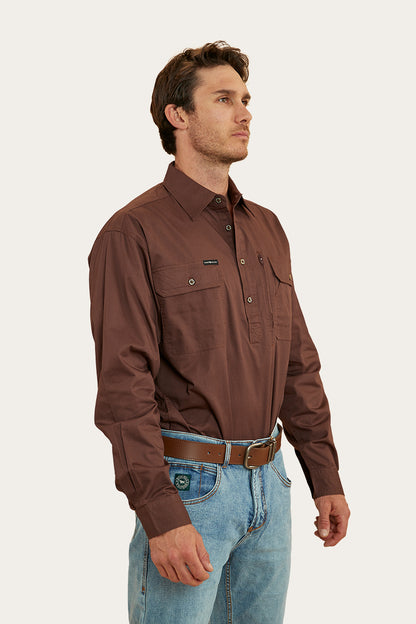 Tempest Mens Half Button Work Shirt - Chocolate