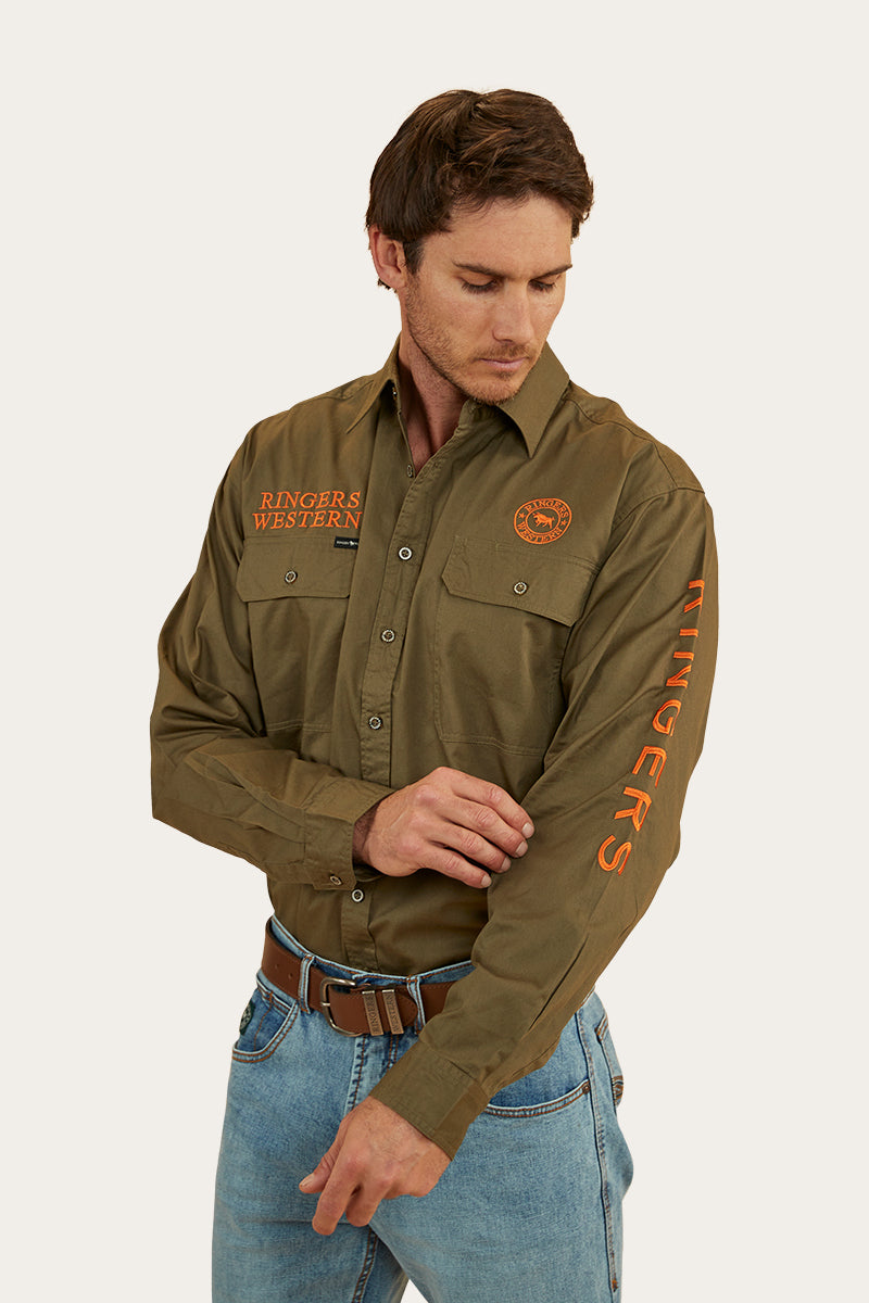 Hawkeye Mens Full Button Work Shirt - Military Green/Orange