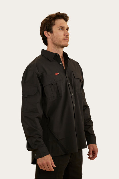 Pilbara Mens Ripstop Full Button Work Shirt - Black