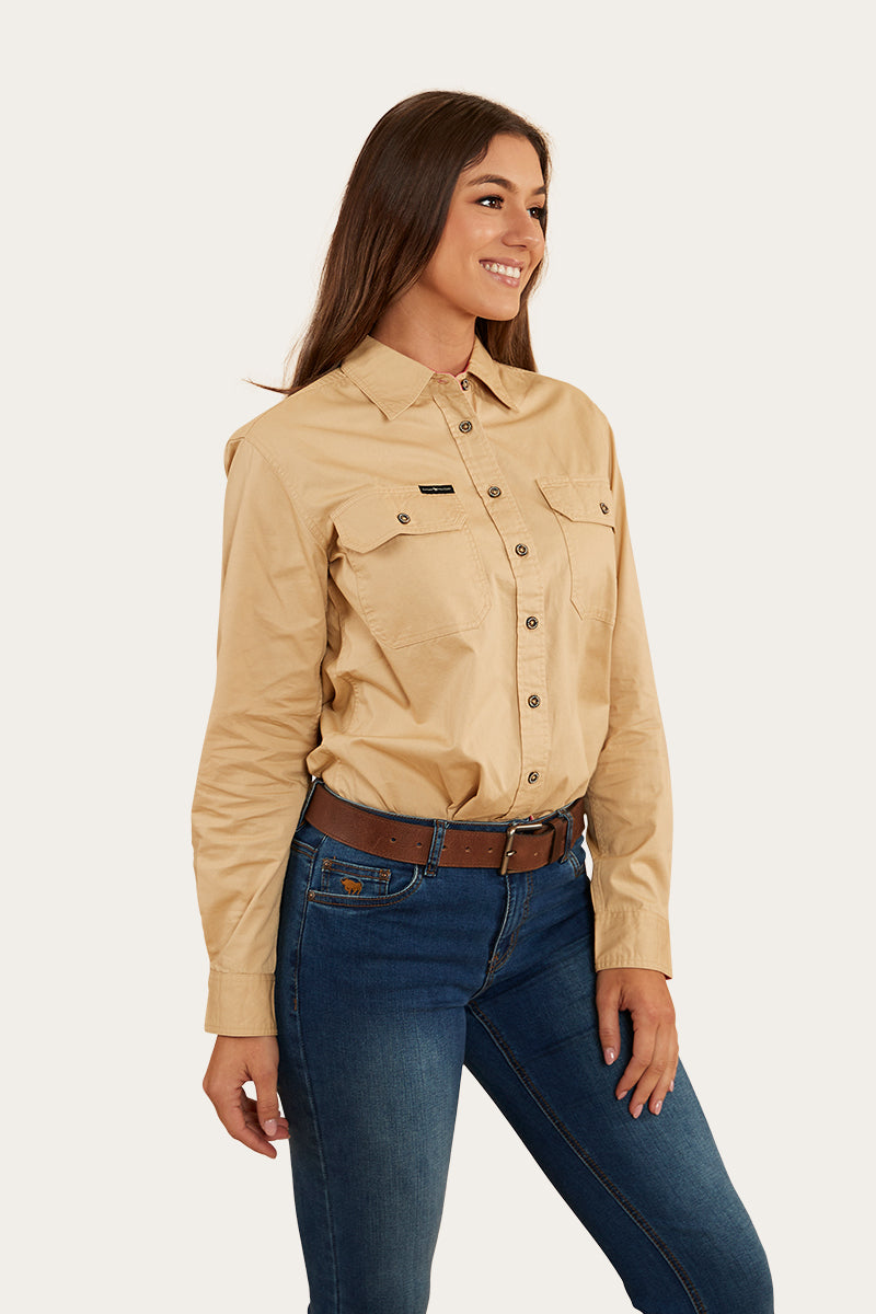 Pentecost River Womens Full Button Work Shirt - Dark Sand/Melon