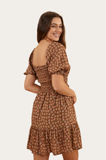 Tahlia Womens Shirred Mini Dress - Toffee