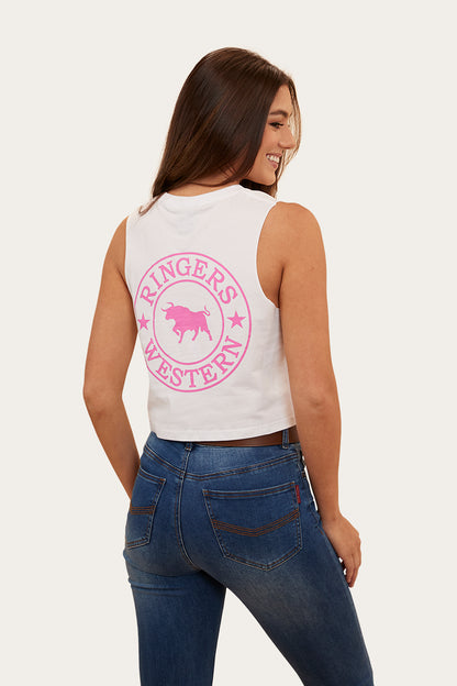 Signature Bull Womens Crop Muscle Tank - White/Candy