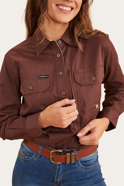 Herefords Womens Half Button Work Shirt - Chocolate/Dark Sand