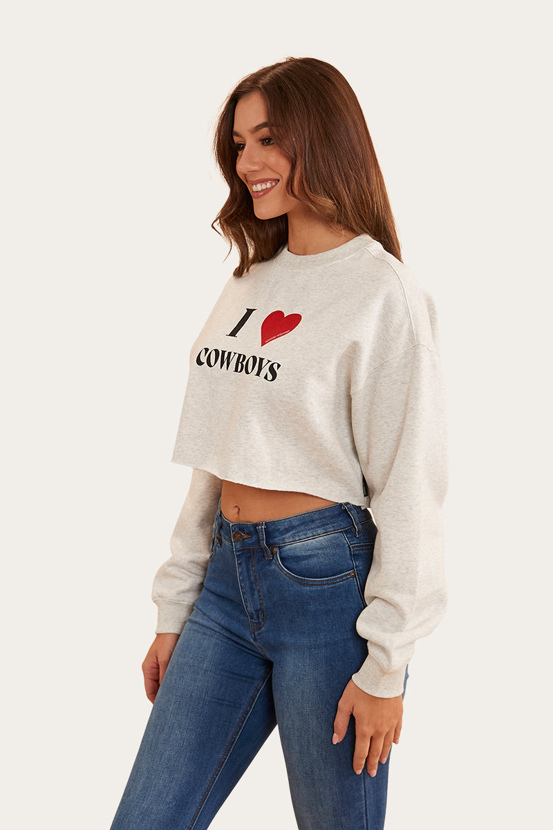 I Heart Cowboys Womens Crop Crew - Light Grey Marle