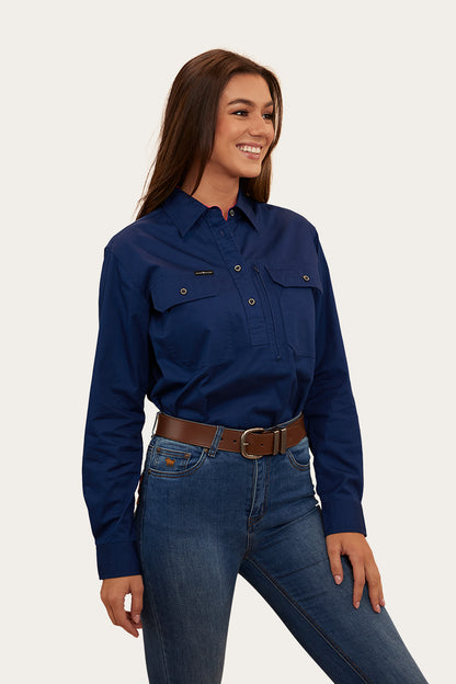 Herefords Womens Half Button Work Shirt - Navy/Melon