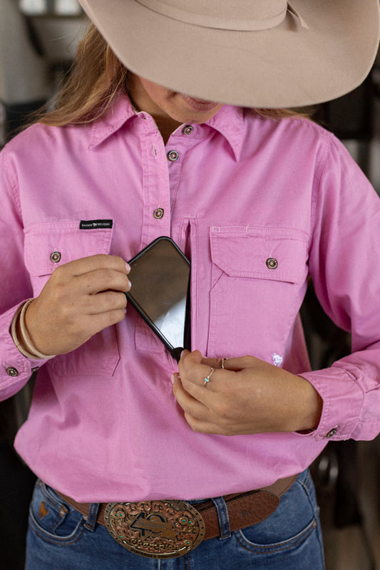 Herefords Womens Half Button Work Shirt - Pastel Pink/Beige