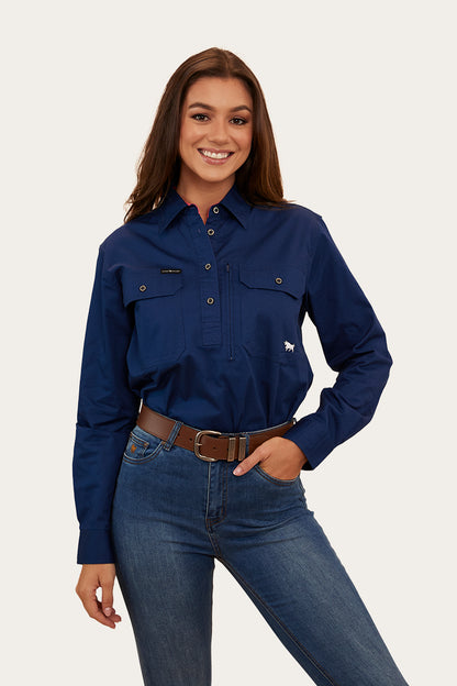 Herefords Womens Half Button Work Shirt - Navy/Melon