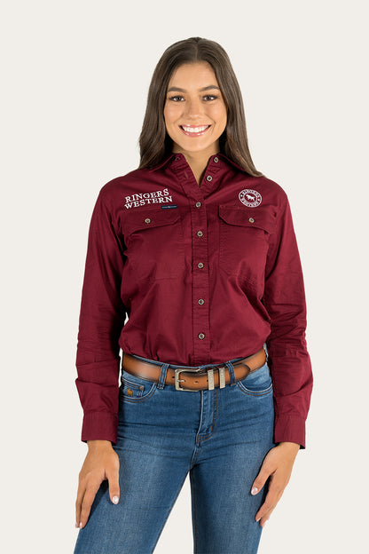 Signature Jillaroo Womens Full Button Work Shirt - Burgundy/White