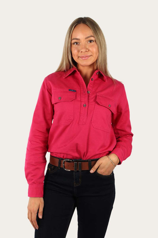 Australian Made Coburn Womens Heavy Weight Half Button Work Shirt - Hot Pink