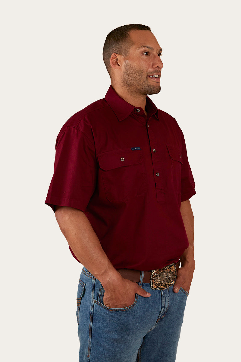 Pack Saddle Mens Short Sleeve Half Button Work Shirt - Burgundy