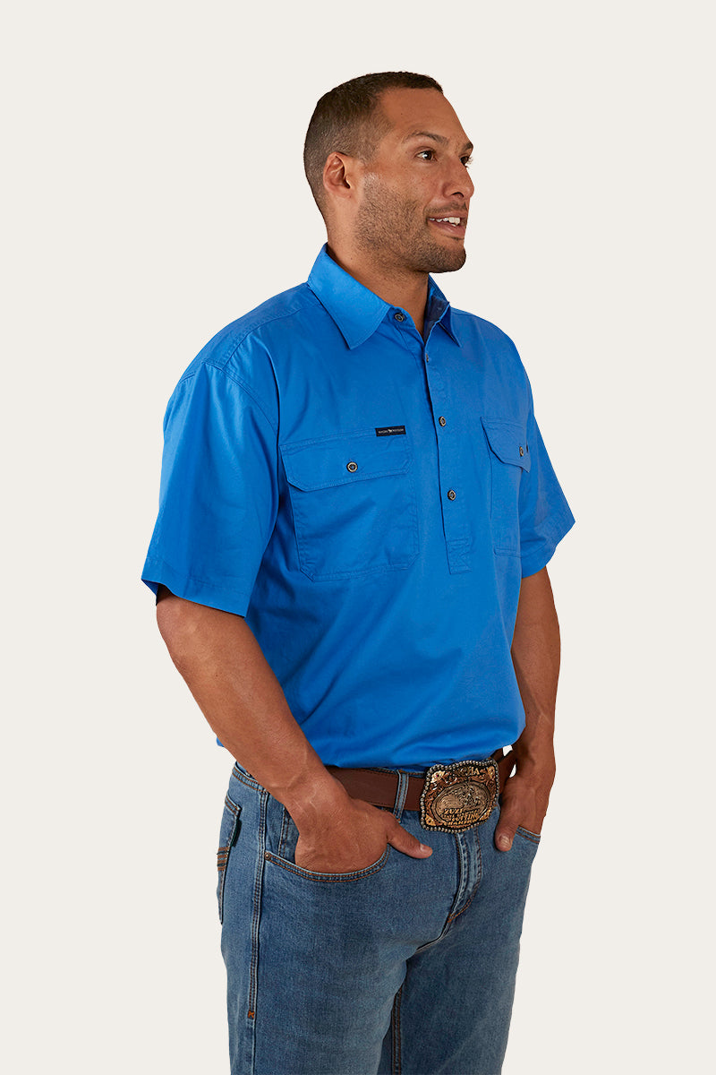 Pack Saddle Mens Short Sleeve Half Button Work Shirt - Blue