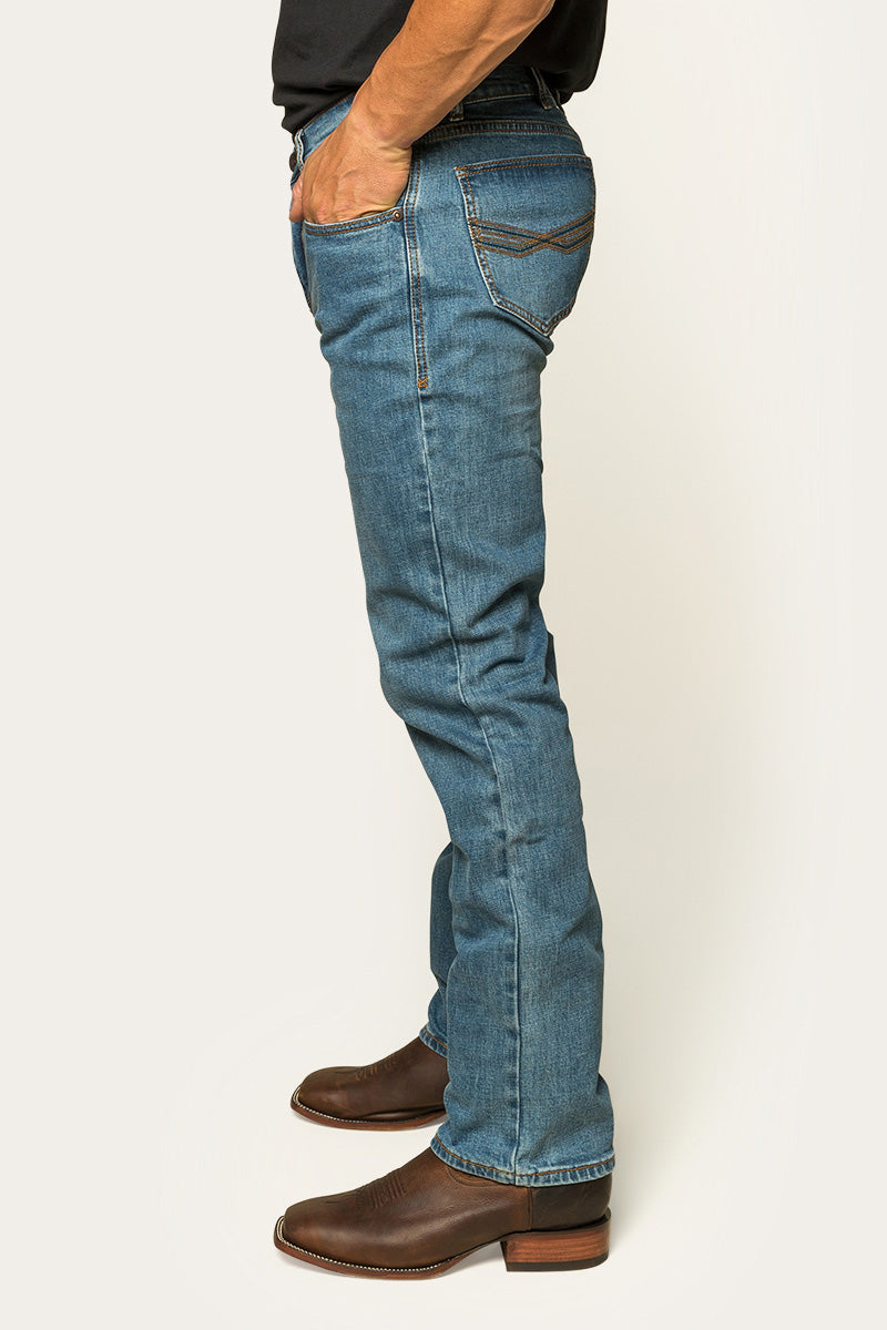 Muster Mens Slim Straight Fit Jeans - Mid Wash Blue